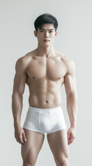 Fototapeta premium The handsome Asian male in white swimming pant