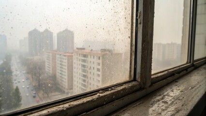 Fototapeta premium air pollution PM2.5 concept, Dirty window with urban view in foggy weather.