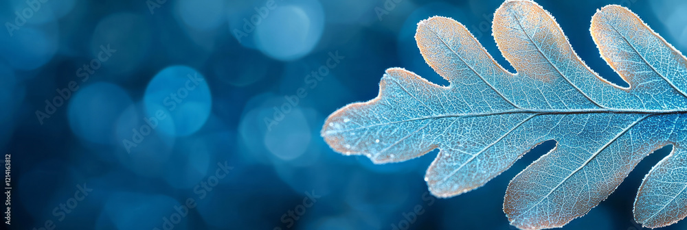 Poster an elegant macro image of an oak leaf with detailed vein patterns and a glossy surface, placed on a 