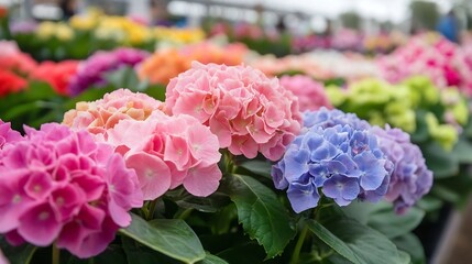 Fototapeta premium Vibrant Blooms of Hydrangeas in Full Bloom Creating a Colorful Display in a Flower Garden Setting : Generative AI