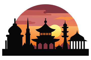 Silhouettes of Cultural and Religious Landmarks, Mosque, Church, Temple, Pagoda Aligned Under a Serene Sky at Sunset .Stunning Vector Illustration for Cultural Diversity, Unity, and Spiritual Themes