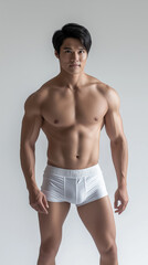 Fototapeta premium The handsome Asian male in white swimming pant