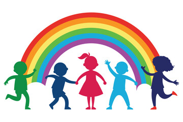 Silhouettes of Diverse Children Playing Together Under a Rainbow - Inclusive Vector Illustration for Kids' Unity and Diversity - Perfect for Educational, Social, and Creative Designs