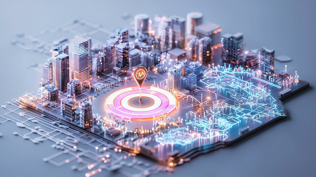3D diagram showcasing urban segmentation, targeting, and data visualization, highlighting city infrastructure and connectivity