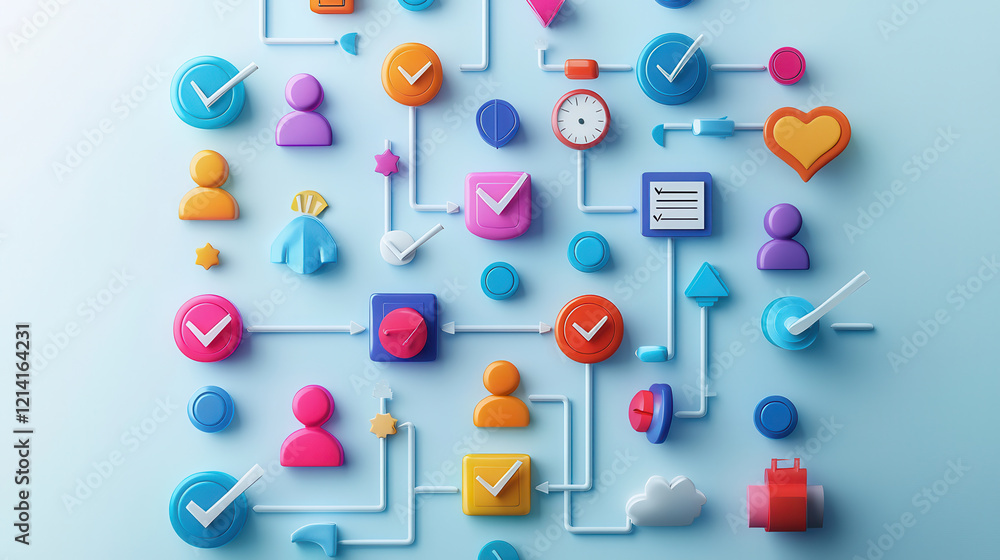 Poster colorful flowchart with icons representing steps in process, including checkmarks, people, and vario