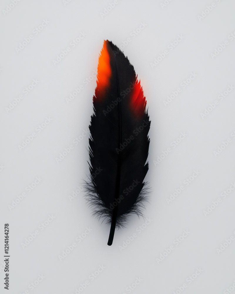 Poster a detailed close-up of a single black feather with shiny, smooth textures, placed on a minimalist wh