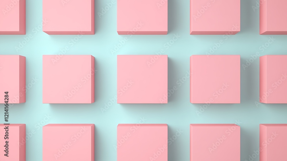 Poster pastel pink square blocks arranged in a modern and minimalist pattern on a soft blue background