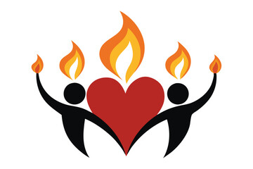 Silhouettes of Individuals Holding Lit Candles, Flames Forming Heart Shape at Center, Vector Illustration, Romantic, Love, Celebration, Light, Candlelight, Heart, Symbolic, Emotional