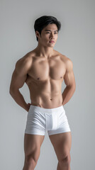 Fototapeta premium The handsome Asian male in white swimming pant