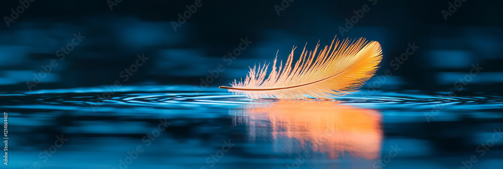 Poster a serene macro photograph of a feather floating gently on water, with ripples and reflections creati
