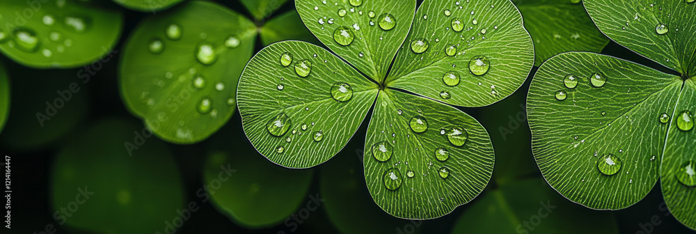 Poster a high-resolution macro image of a clover leaf with intricate water droplets, capturing the fine det