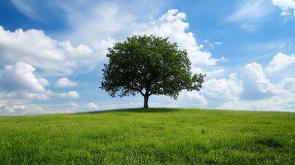Lone Oak Tree on Green Hill Against Vibrant Blue Sky and White Clouds : Generative AI