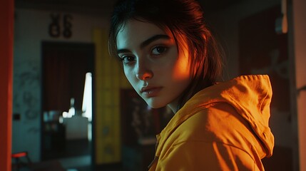 Close up portrait of a young woman in a yellow hoodie with indoor background