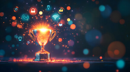 A glowing trophy with customer satisfaction and loyalty icons floating around it 