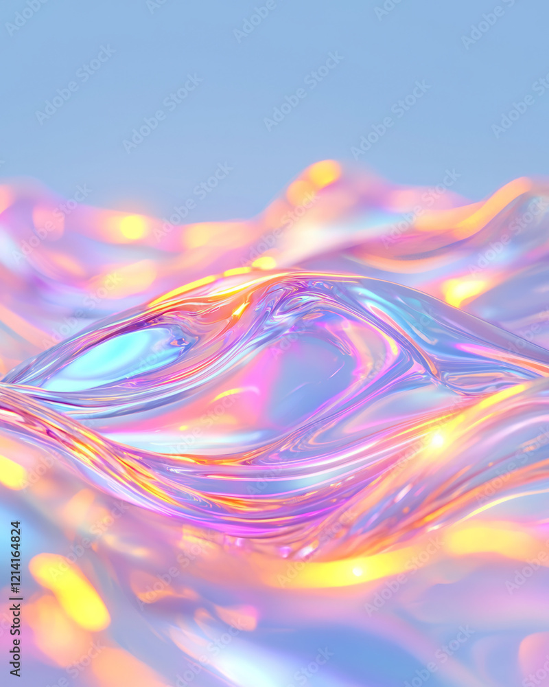 Poster an artistic close-up of fluid waveforms with intricate details and shimmering light effects, set aga