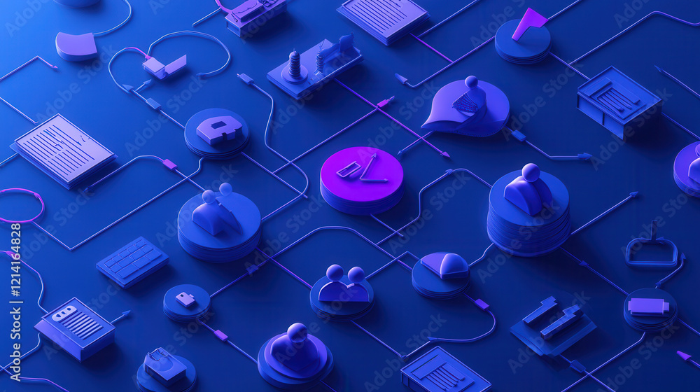 Aufkleber vibrant, abstract flowchart featuring interconnected icons and symbols representing various processe