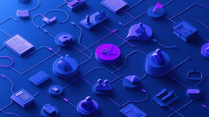 vibrant, abstract flowchart featuring interconnected icons and symbols representing various processes and tools. design uses blue and purple color