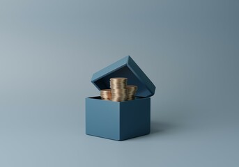 Gift Box with Money Isolated on pastel blue background with copy space. Minimal 3d rendering.