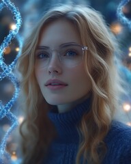 Young woman with glasses, DNA strands.