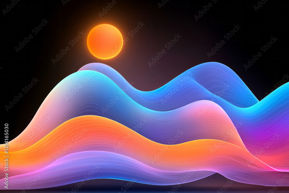 Poster an artistic depiction of abstract waveforms intertwined with geometric shapes, enhanced by neon glow