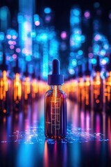 Innovative laboratory experiment with serum bottle high-tech laboratory scientific image digital environment close-up view biotechnology concepts