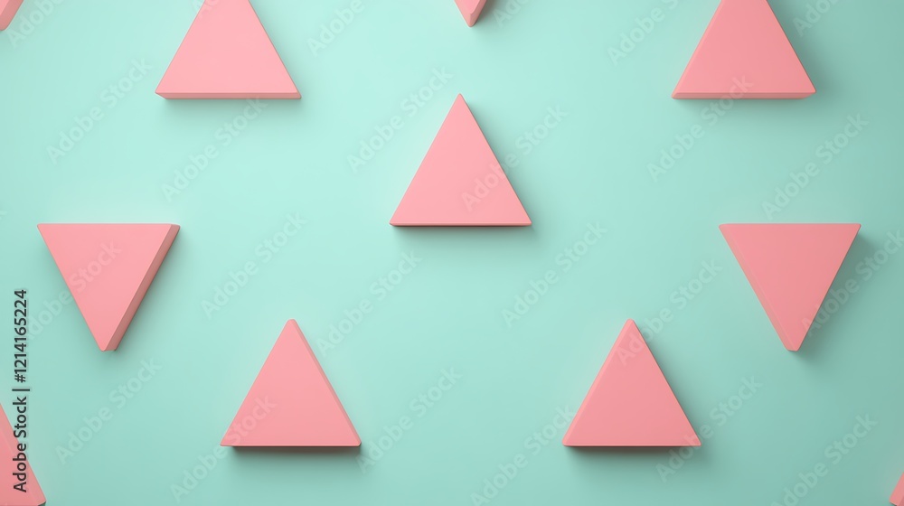 Poster pink triangular shapes on a soft mint green background creating a modern abstract composition