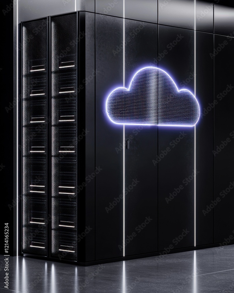 Poster modern cloud computing data center sleek environment hyper-textured design futuristic viewpoint