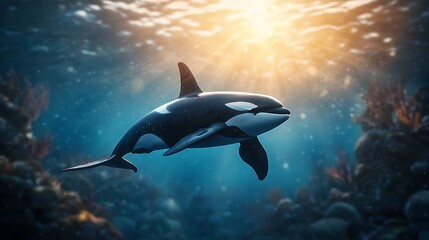 Fototapeta premium Orca swimming coral reef ocean sun