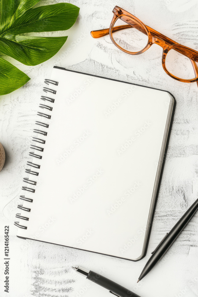 Poster a dynamic mockup design featuring a notebook with a custom cover, lying open on a desk with statione