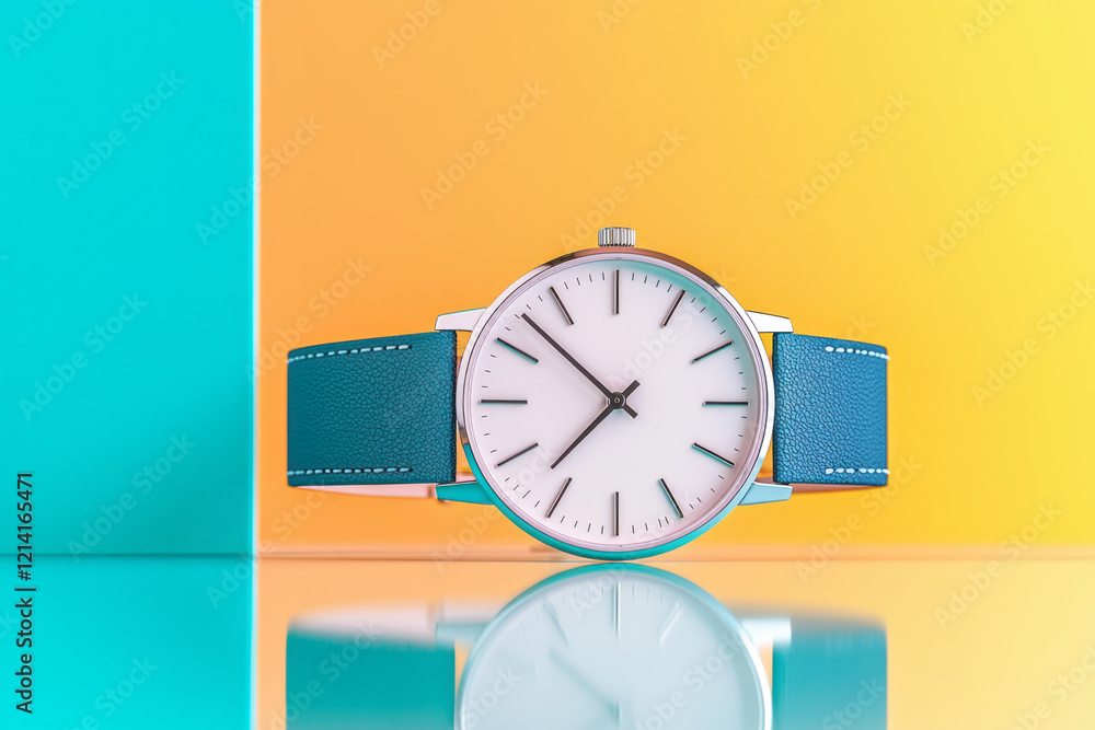 Poster an elegant mockup of a wristwatch with a custom dial design, showcased on a reflective surface with 