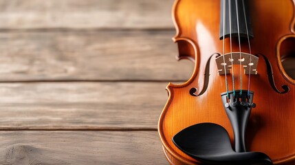 Fototapeta premium Elegant Wooden Violin Resting on Rustic Table Evoking Classic Musical Charm : Generative AI