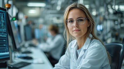 Fototapeta premium Female engineer, factory, serious expression, colleagues blurred background, industrial work