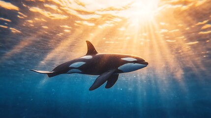 Orca swimming underwater, sun rays, ocean background, wildlife conservation