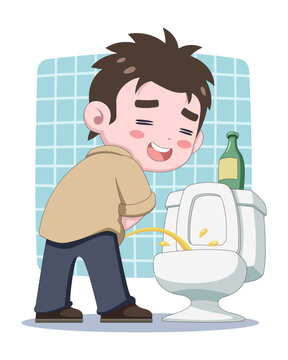 Cute style drunk man peeing in toilet cartoon illustration
