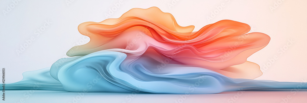 Poster a captivating abstract scene with liquid curve shapes in fiery reds and cool blues, blending togethe