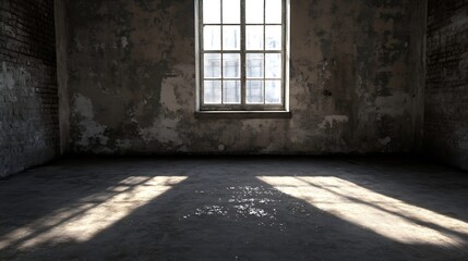 Empty abandoned room with rustic windows and natural light creating a mysterious atmosphere : Generative AI