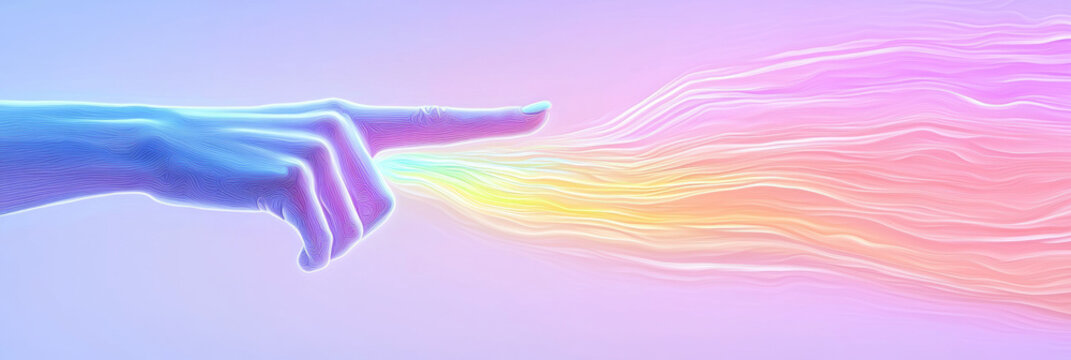 An elegant digital artwork featuring a minimalist hand with a long index finger extending into a swirling vortex of pastel colors and abstract patterns, symbolizing direction and focus,