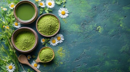 Matcha powder and tea in bowls with chamomile flowers on a green background.
