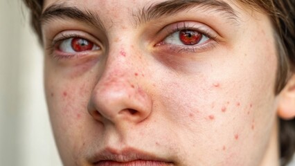 Fototapeta premium air pollution PM2.5 concept, Close-up of a person with red eyes and blemishes.