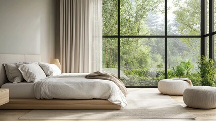 A serene bedroom with minimalistic design, neutral tones, and large windows overlooking a garden.