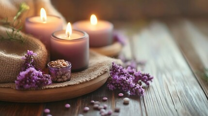Rustic Candle Display with Lavender Flowers on Wooden Table for Calm and Peaceful Vibes : Generative AI