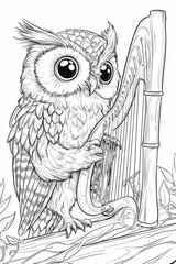Naklejka premium Owl Playing Harp Coloring Page for Kids