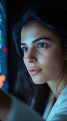 Fototapeta premium A woman focuses intently as she engages with colorful data on a digital display, surrounded by low light