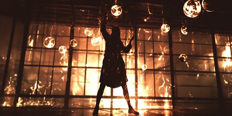 Silhouette woman amidst fiery room, orbs floating.