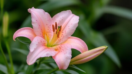 Fototapeta premium Delicate Pink Lily Blossom with Dew Drops in Lush Green Setting : Generative AI
