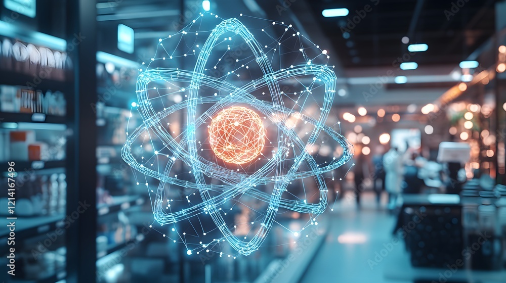 Poster atomic structure illuminated in modern retail setting