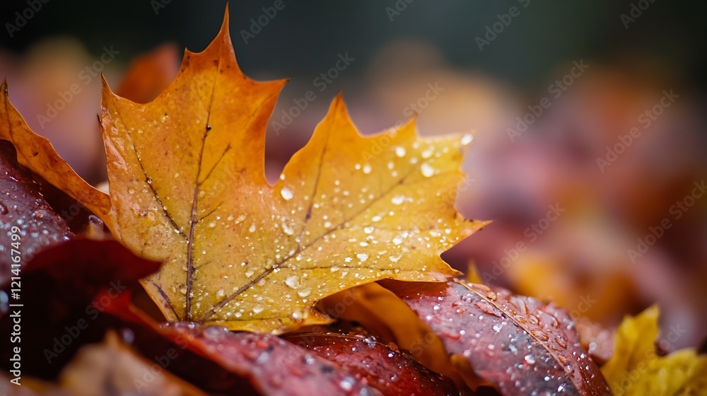 Poster vibrant autumn leaf with dewfall on colorful background of nature : generative ai
