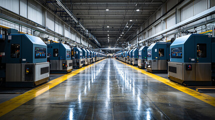 Obraz premium Factory assembly line with cutting-edge machinery, polished surfaces reflecting sharp light.
