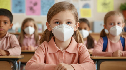 The PM 2.5 Pollution Crisis Themed, Schoolchildren wearing masks in classroom, focused on learning