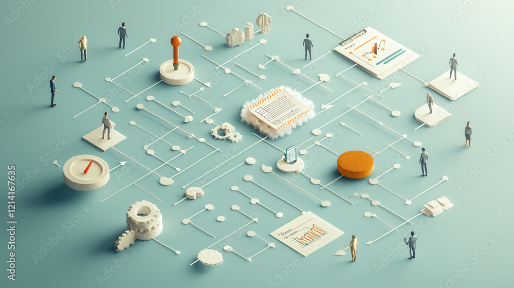 Poster realistic flowchart illustrating steps for decision making processes, featuring various icons and fi
